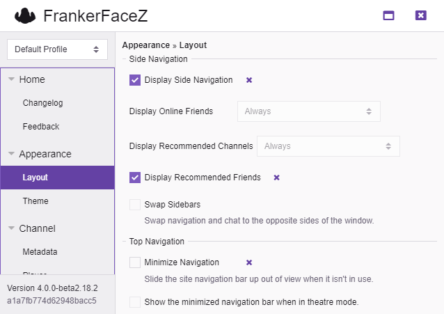 FrankerFaceZのTwitchレイアウト変更画面